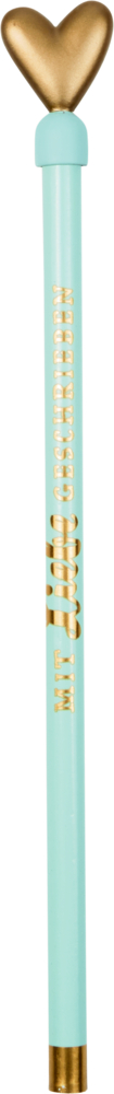 Türkisfarbener Bleistift mit goldenen Akzenten und einer herzförmigen goldenen Spitze.