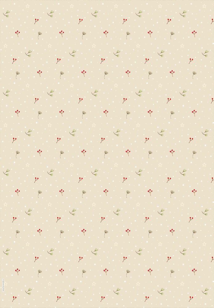 Beiger Hintergrund mit verstreuten roten Beeren, grünen Blättern und weißen Punkten.