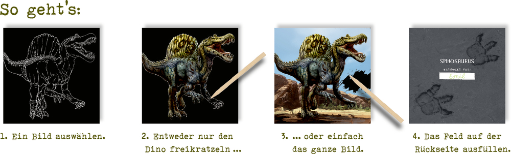 Dinosaurier-Kratzel-Anleitung in vier Schritten: von der Skizze zur Vollfarbe.