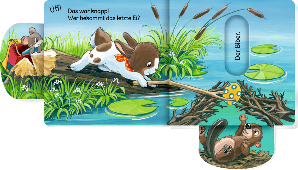 Ein Hase benutzt einen Stock, um ein gelbes Ei neben einem Biber im Teich zu erreichen, während eine Maus zuschaut.