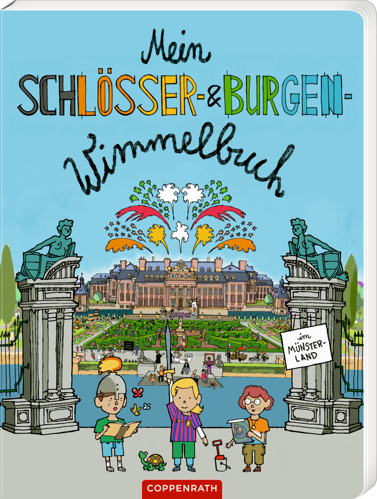 Mein Schlösser- & Burgen-Wimmelbuch Illustrierter Einband mit Kinder in Kostümen vor einem großen Schloss und Gärten,  Titel "Mein Schlösser- & Burgen-Wimmelbuch".