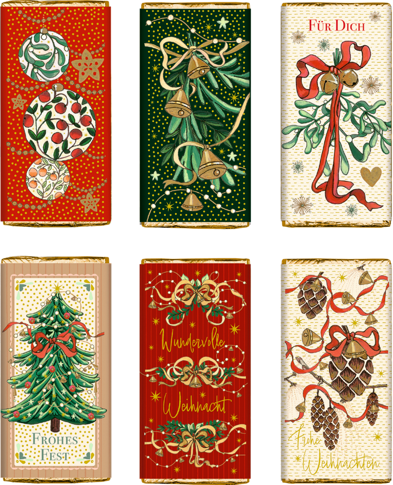 Sechs Schokoladentafeln mit weihnachtlichen Motiven wie Kugeln, Glocken, Mistelzweigen, Tannenzapfen und Weihnachtsbaum in Rot-, Grün- und Goldtönen.
