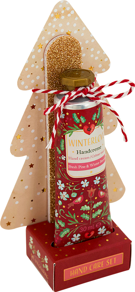 Festliche Handcreme in einer roten Tube mit Blumenmuster und goldener Nagelfeile mit Glitzer, präsentiert auf einem Pappständer in Form eines Weihnachtsbaums.