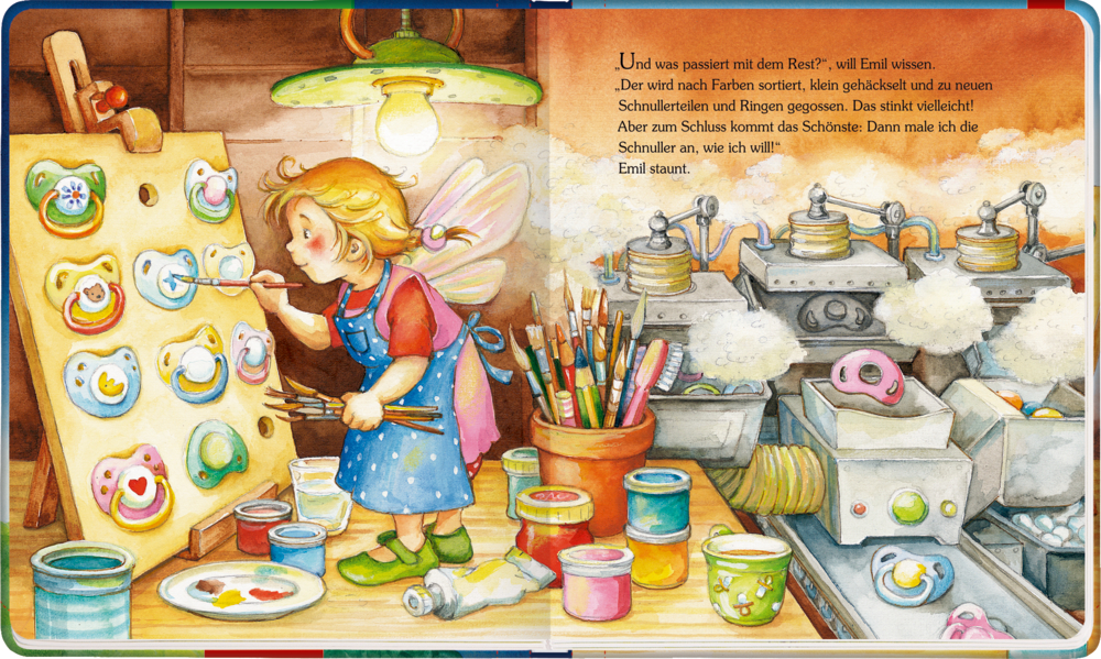 Eine Fee bemalt Schnuller in einer wimmeligen Werkstatt, umgeben von farbenfrohen Kunstmaterialien und dampfenden Maschinen.