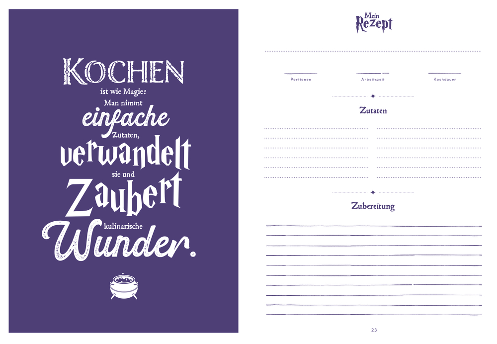 Doppelseitige Innenansicht des Rezeptbuchs: links mit Kochzitat auf lila Hintergrund, rechts leere Vorlage für Zutaten und Anleitung, lila liniert.