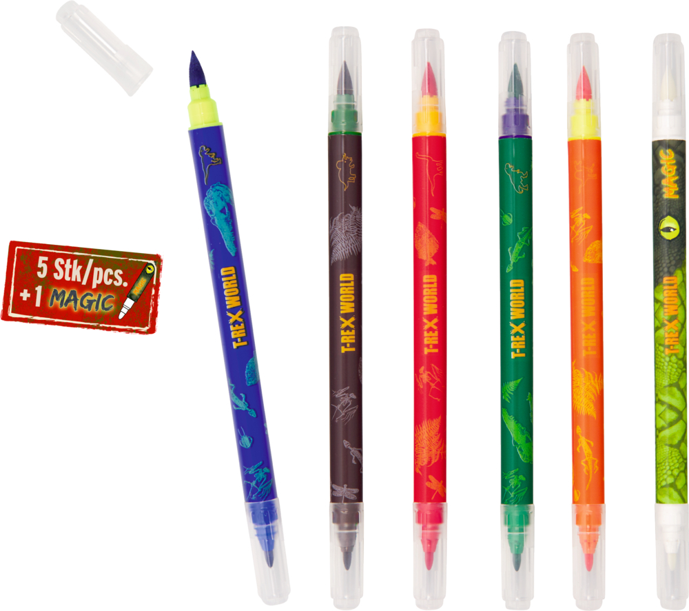 Sechs bunte Filzstifte mit Doppelfunktion und Dinosauriermotiven.