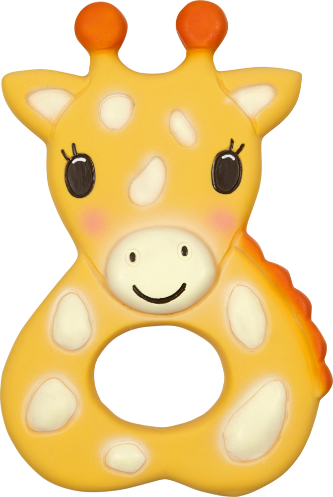Gelber Beißring mit Giraffenkopf und weißen Tupfen.