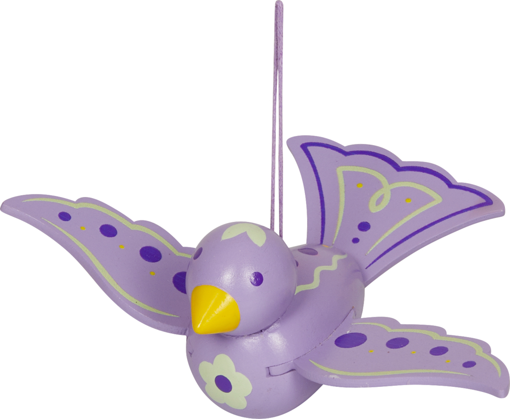 Lila Holzvogel mit gelbem Schnabel, ausgebreiteten Flügeln, Blumenmuster; hängt an einer Schnur.