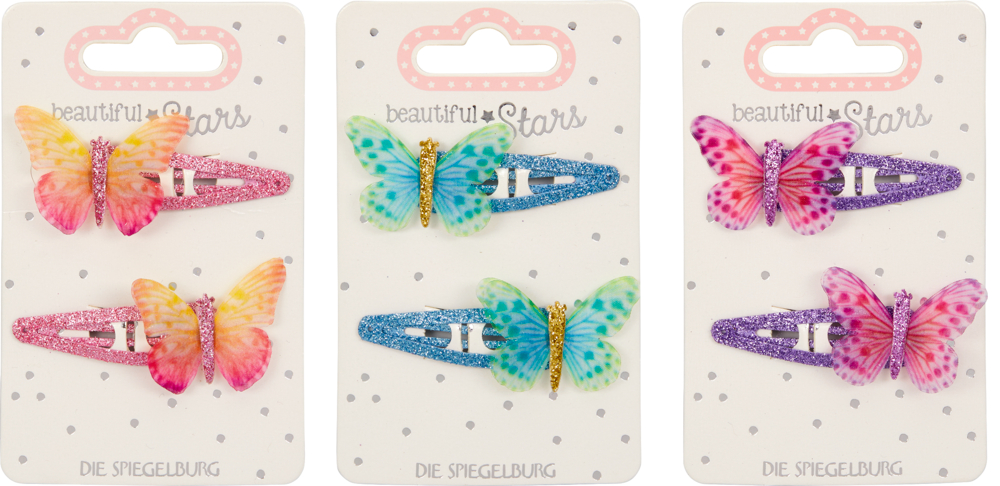 Drei Paare Schmetterlings-Haarspangen auf Karten, je Paar in Pink, Blau und Lila mit Glitzer.