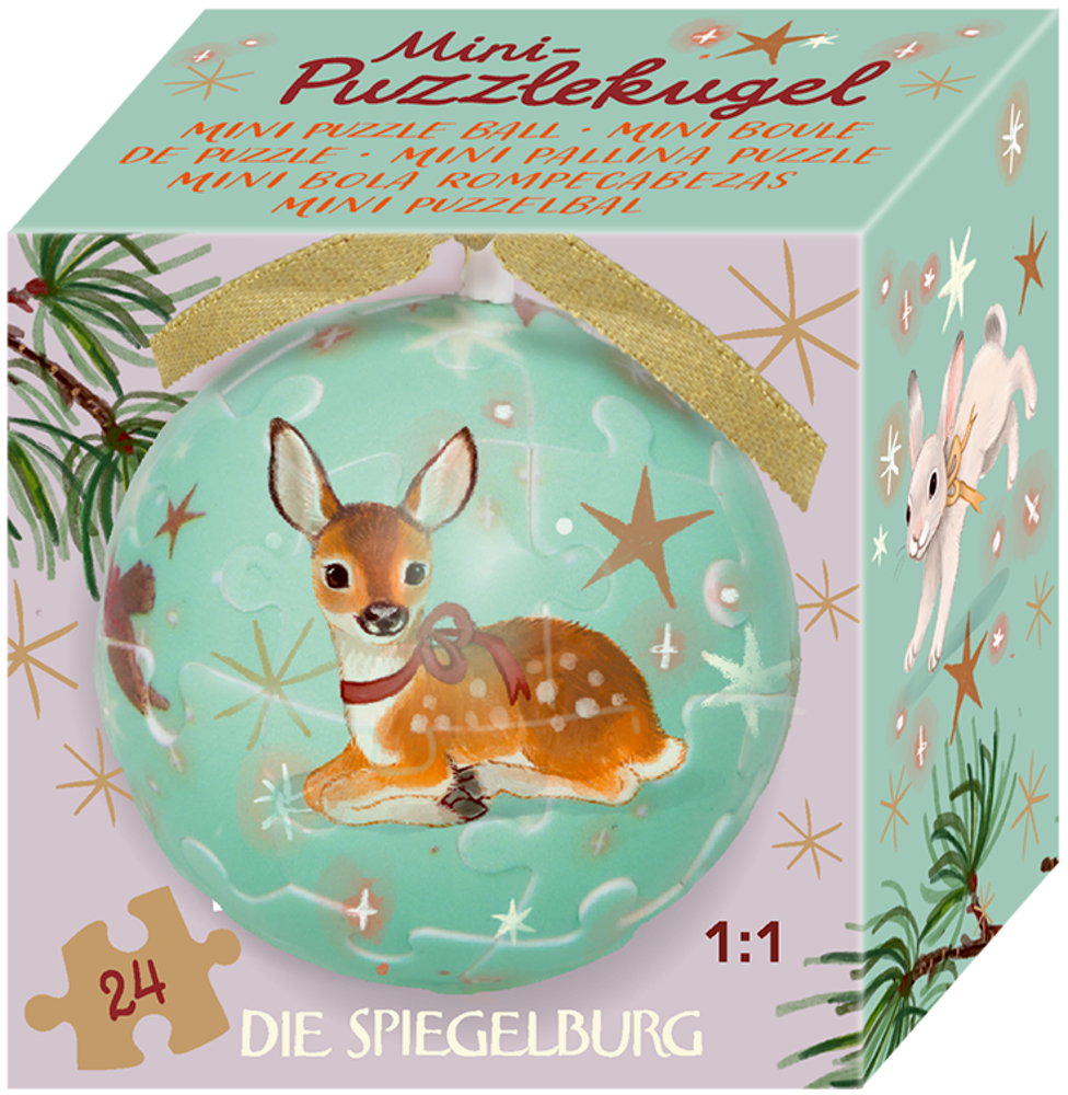 Pastellgrüne Puzzleball-Box mit Rehkitz-Illustration, goldener Schleife und dem Text „Mini-Puzzlekugel“.