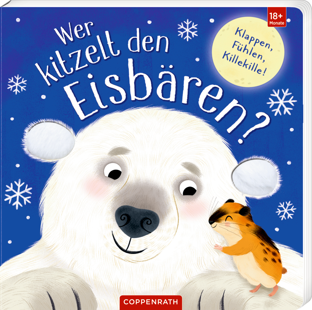 Wer kitzelt den Eisbären? (Fühlen&begreifen) Blaues Buchcover mit Schneeflocken und lächelndem Eisbären, der von einem kleinen braunen Tier gekitzelt wird.