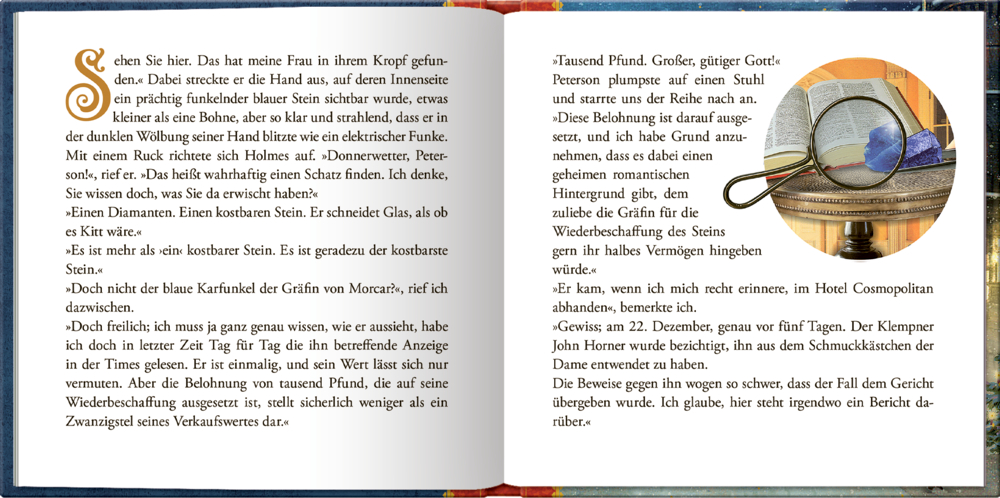 Zwei aufgeschlagene  Buchseiten mit einem Lupenbild auf buntem Hintergrund.