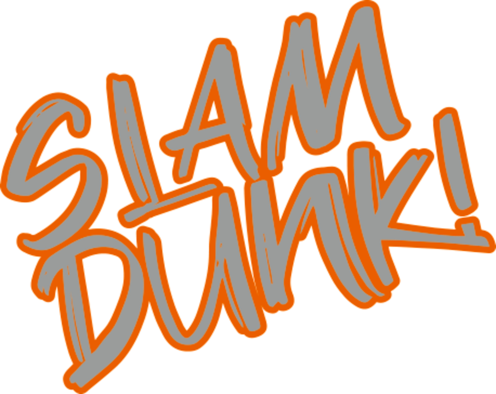 „Slam Dunk!“ erscheint in fetten Buchstaben im Graffiti-Stil mit orangefarbenen Umrissen auf weißem Hintergrund.