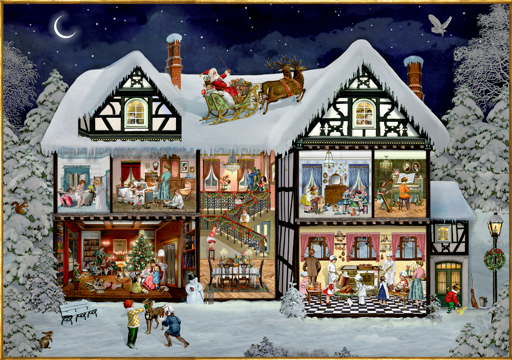 Puzzle-Box: Verschneites Haus zu Weihnachten: Der Weihnachtsmann auf dem Dach, Familien feiern gemeinsam in warmen, festlichen Räumen.