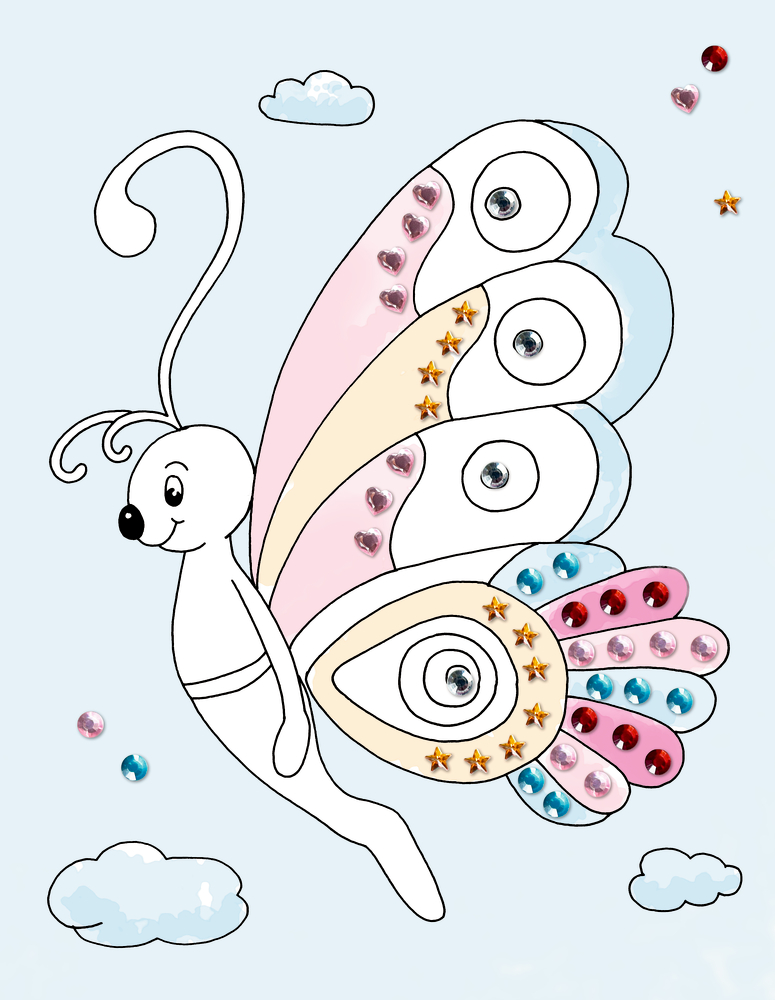 Auf einer Bastelseite ist ein Cartoon-Schmetterling mit Edelsteinen und Sternen auf den Flügeln abgebildet, dieser fliegt vor hellblauem Wolkenhintergrund.