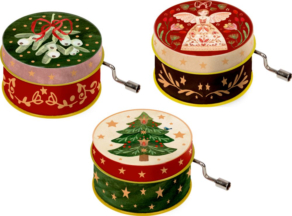 Drei festliche Spieldosen mit Handkurbel: Mistelzweig-, Engel- und geschmückter Weihnachtsbaum-Design.
