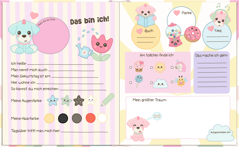 Pastellfarbene Profilseite für Kinder mit gezeichneten Tieren, Blumen und Feldern für persönliche Informationen.