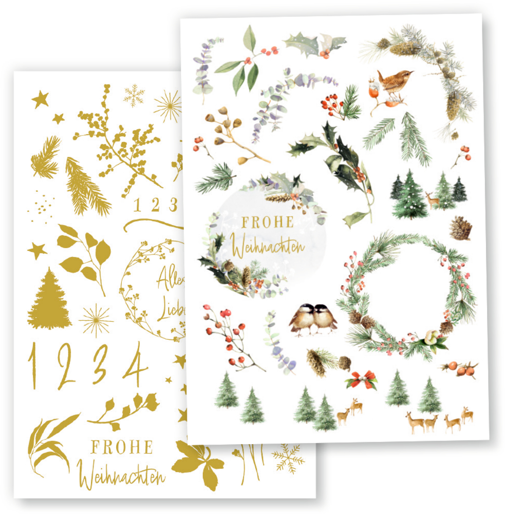 Zwei Weihnachts-Stickerbögen mit goldenen und bunten Weihnachts- und Naturmotiven.
