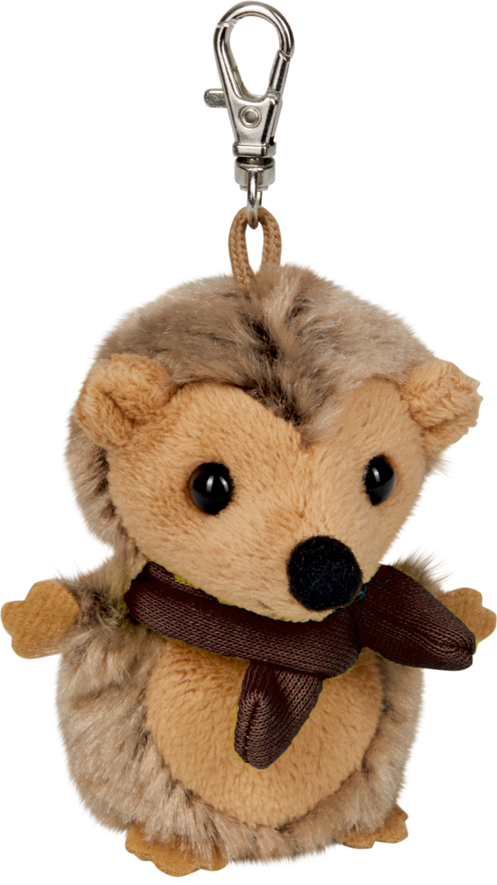 Plüsch-Igel-Schlüsselanhänger mit braunem Schal, Karabiner, großen schwarzen Augen und weichem Fell.