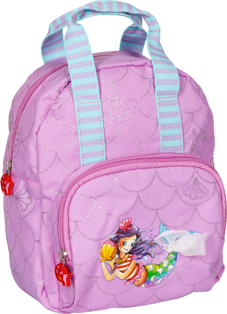Rucksack - Nella Nixe Rosa Rucksack mit blau gestreiften Griffen und Meerjungfrauen-Illustration auf der Vordertasche.