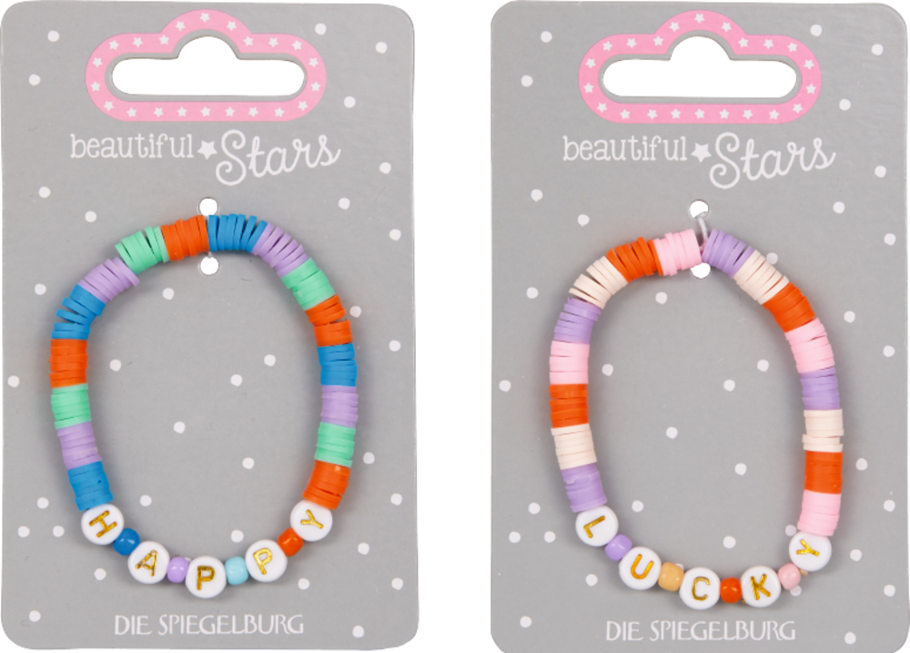 Armband Happy oder Lucky - beautiful Stars Zwei bunte Perlenarmbänder auf Karten: Auf einem steht „HAPPY“, auf dem anderen „LUCKY“.