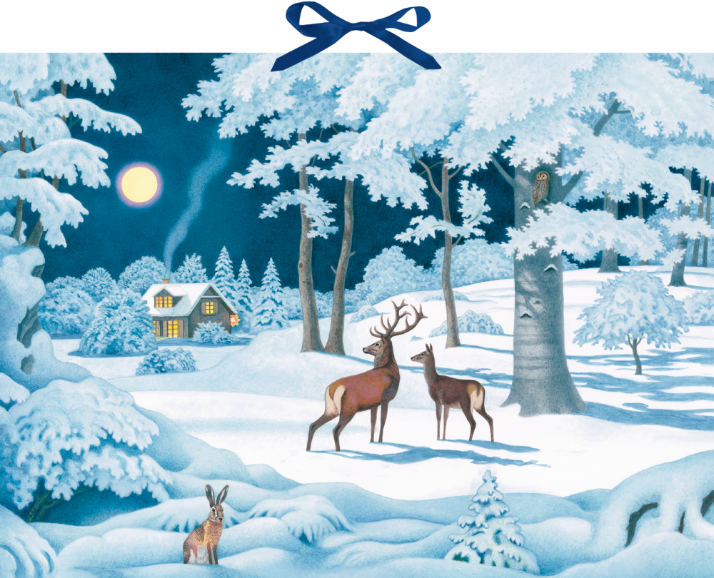 Ein Hirsch, ein Reh, ein Hase und eine Eule in einem verschneiten Nachtwald mit einer beleuchteten Hütte im Hintergrund.