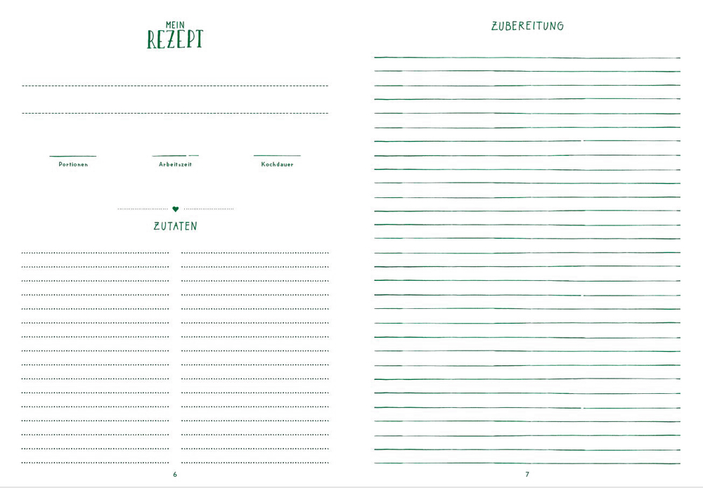 Innenansicht: Doppelseitige Rezeptvorlage mit Platz für Titel, Portionen, Zutaten und Anleitung.