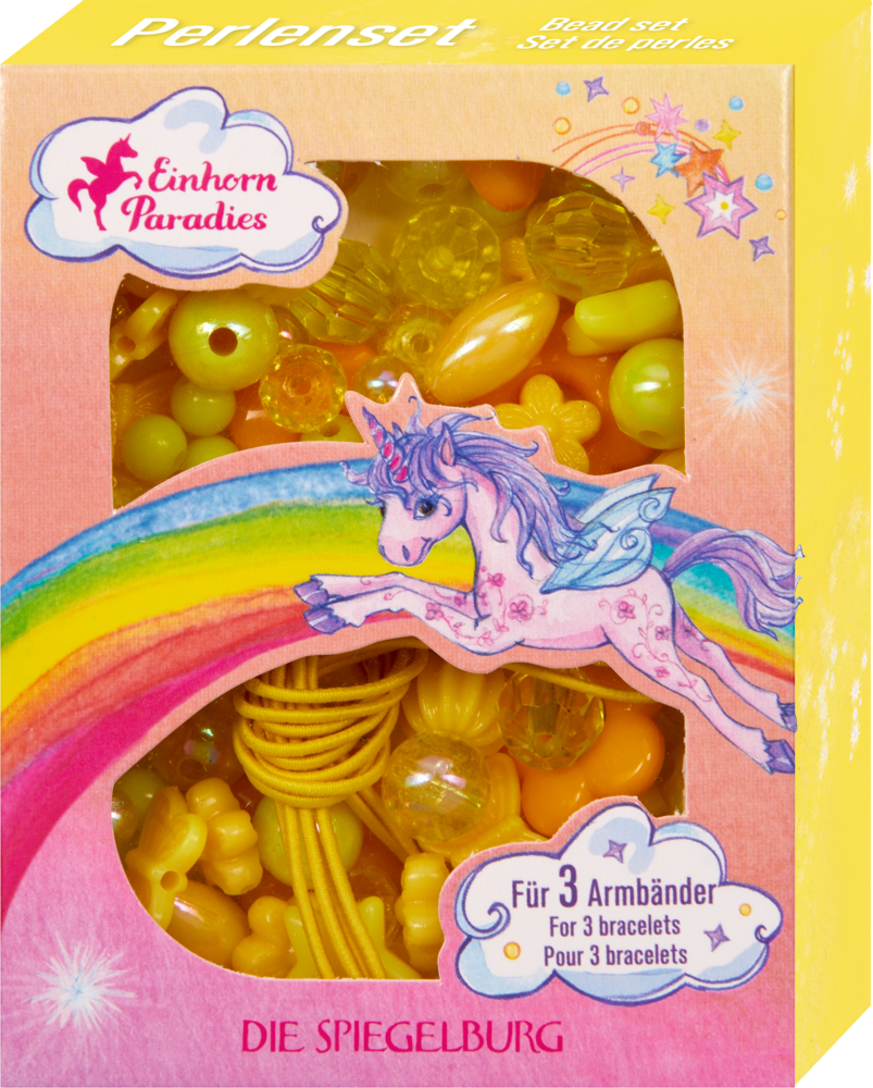 Perlenset Gelb - Einhorn-Paradies Schachtel mit gelben Perlen mit einem Einhorn und einem Regenbogen, beschriftet mit „Einhorn Paradies“.