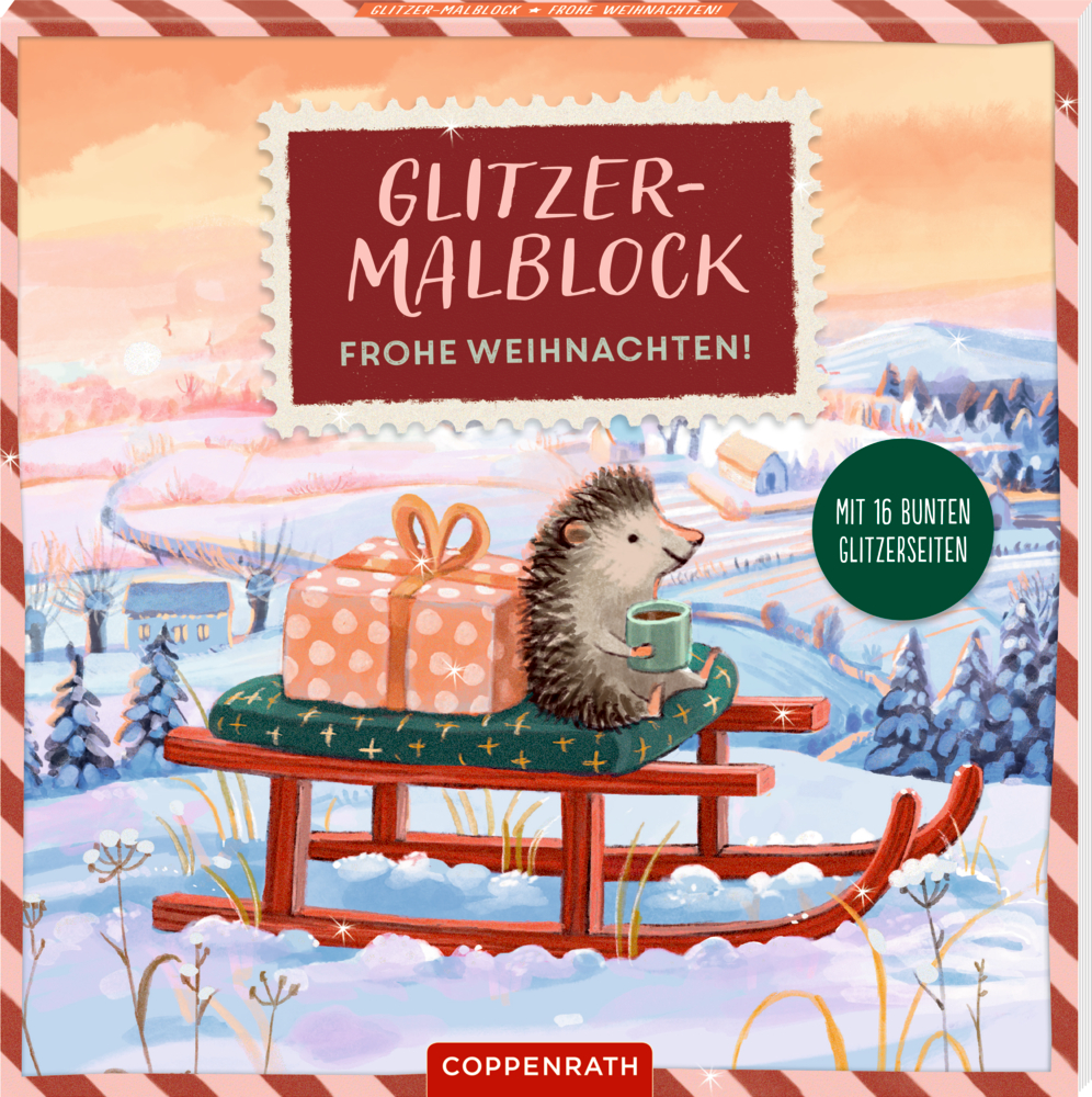Cover eines Malblocks mit einem niedlichen Igel, der mit Kakao und einem Geschenk auf einem Schlitten im Schnee sitzt.