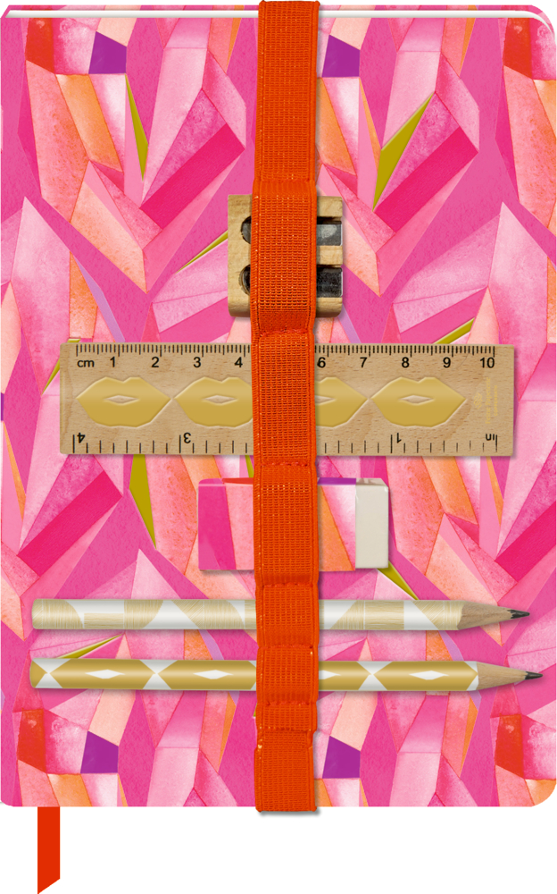 Schreib-Set - All about pink Rosa gemustertes Notizbuch mit Lineal, Spitzer, Radiergummi, 2 Bleistiften und Stift, gehalten von einem orangefarbenen Band.