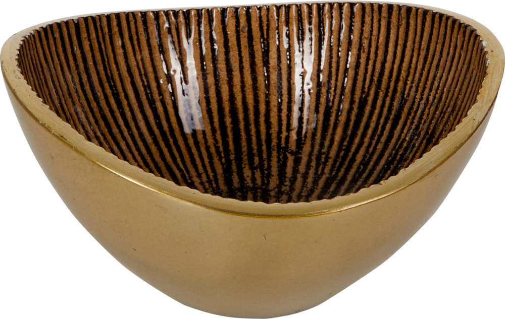 braun, Kleine Metall-Schale - Lieblingsstücke Eine goldene Schüssel mit einer glänzenden, gerippten braunen Innenseite und einer glatten, mattgoldenen Außenseite.