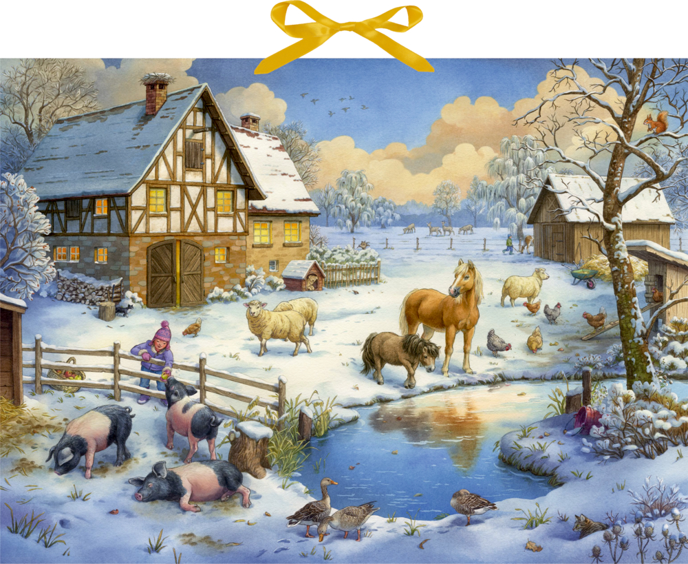 Verschneite Farm mit Tieren, Teich, Hütte, Person, die Schweine füttert; gelbe Schleife zum Aufhängen darüber.