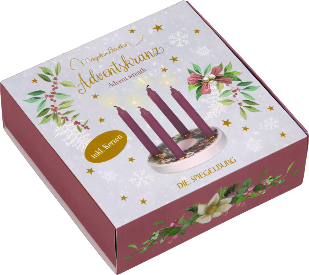 Quadratische Verpackung eines Adventskranzes mit vier weinroten Kerzen und weihnachtlichen Blumenmotiven.