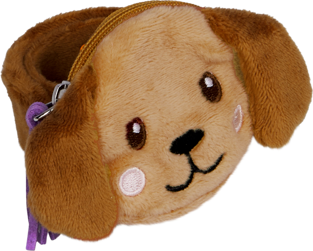 Braunes Schnapparmband mit Fach, in Form eines Hundekopfes mit Reißverschluss und Stoffquaste in lila.
