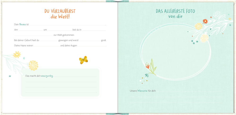 Doppelseitige Innenansicht eines Baby-Erinnerungsbuchs mit Platz für Geburtsdaten, das erste Foto und Blumenillustration.
