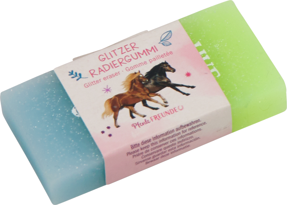 Ein blau-grüner Glitzer-Radiergummi mit einem Etikett, darauf zwei Pferde und Text.