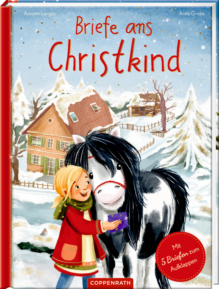 Cover von "Briefe ans Christkind", ein Mädchen im roten Mantel hält einen Brief neben einem schwarz-weißen Pferd in einem verschneiten Dorf.