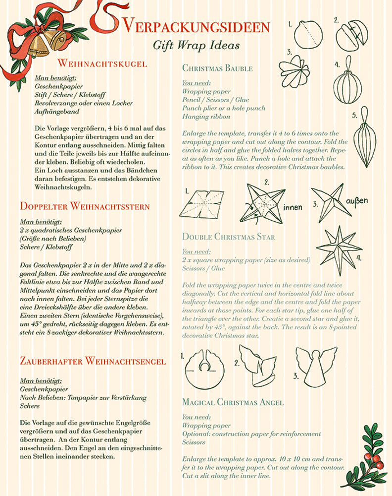 Anleitung für drei weihnachtliche Bastelideen mit Geschenkpapier: Kugel, Stern und Engel, jeweils mit Materiallisten und Zeichnungen der Schritte.