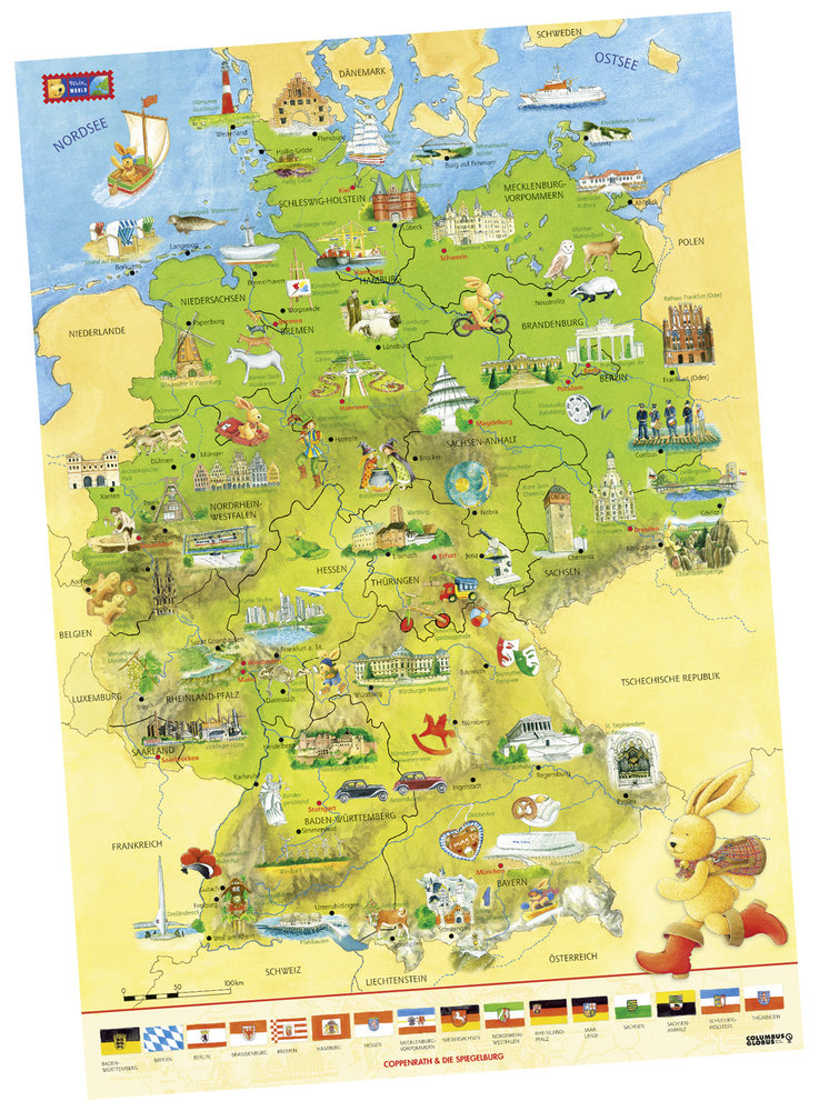 Felix-Deutschlandkarte Illustrierte Karte von Deutschland mit Sehenswürdigkeiten, Symbolen und Icons für jede Region und jedes Bundesland.
