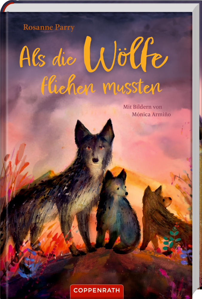 Buchcover mit drei Wölfen vor Sonnenuntergang.