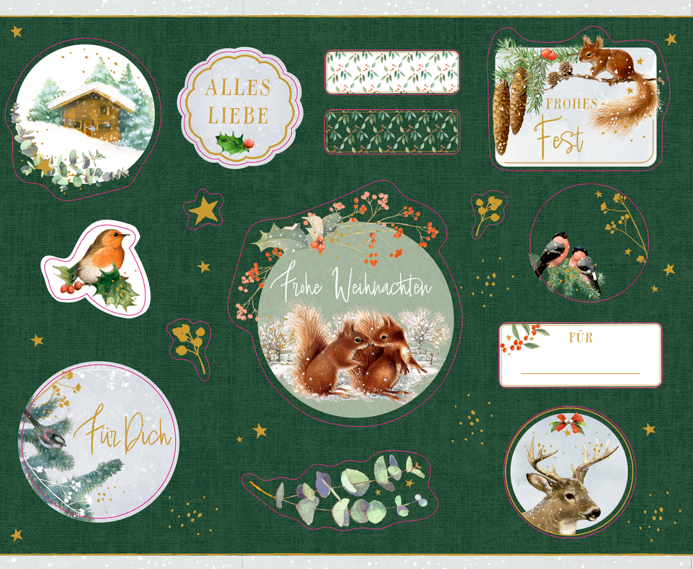 Weihnachtsaufkleber mit Tieren, Pflanzen und deutschen Grußworten auf grünem Hintergrund.