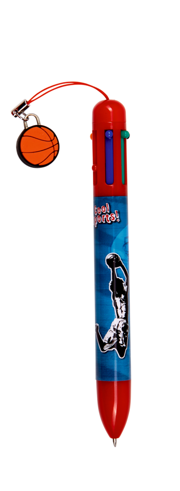 6-Farb-Kuli - Cool Sports! Roter, mehrfarbiger Stift mit Basketball-Anhänger und Sportaufkleber auf dem Schaft.