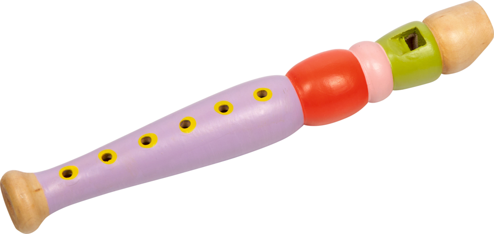 Bunter Holzflöte mit sechs Löchern, lila, rot, pink, grün und naturfarben.