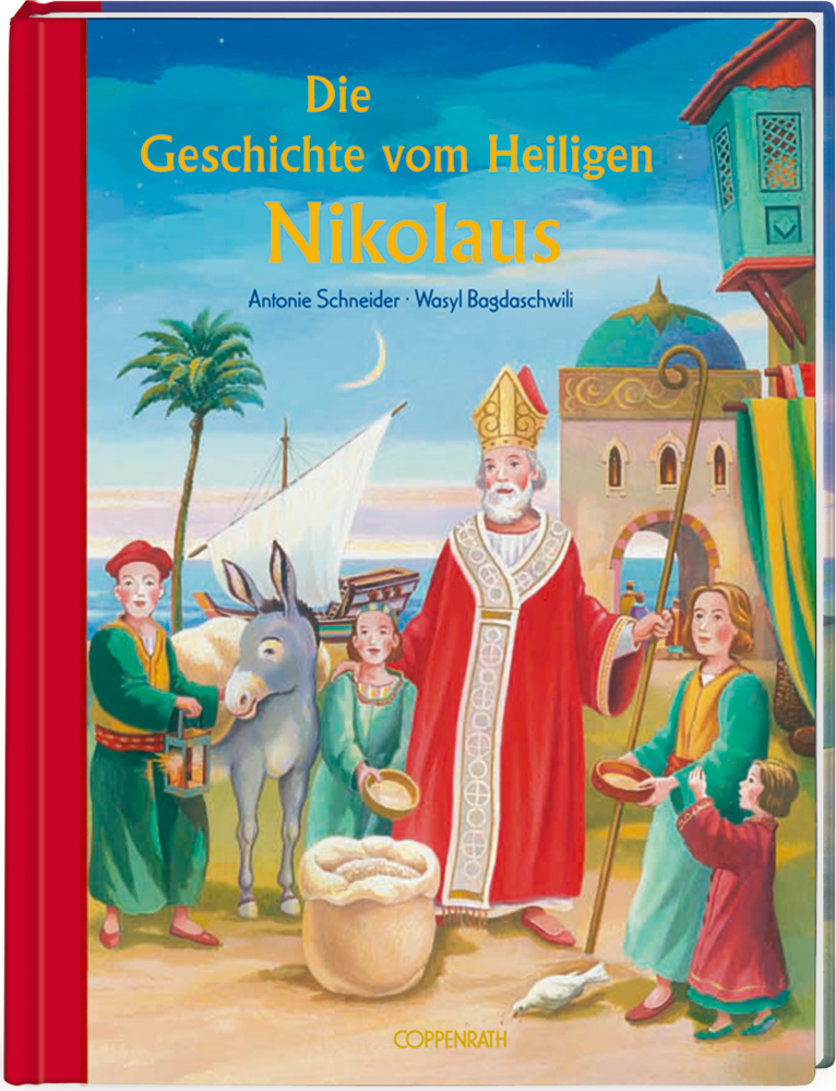 Illustrierter Buchumschlag: Der Heilige Nikolaus mit Kindern, einem Esel und einer Küstenstadt im Hintergrund.