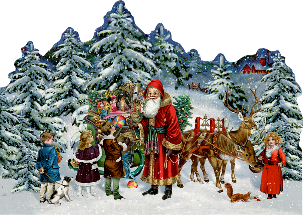 Der Weihnachtsmann steht mit seinem Schlitten und Rentieren im verschneiten Wald; gefüllt mit Spielzeug. Davor stehen Kinder und Tiere.