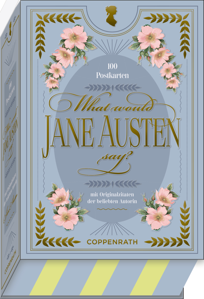 Eine dekorative Schachtel mit „What would Jane Austen say?“ in Gold, rosa Blumen und Akzenten auf blauem Hintergrund.