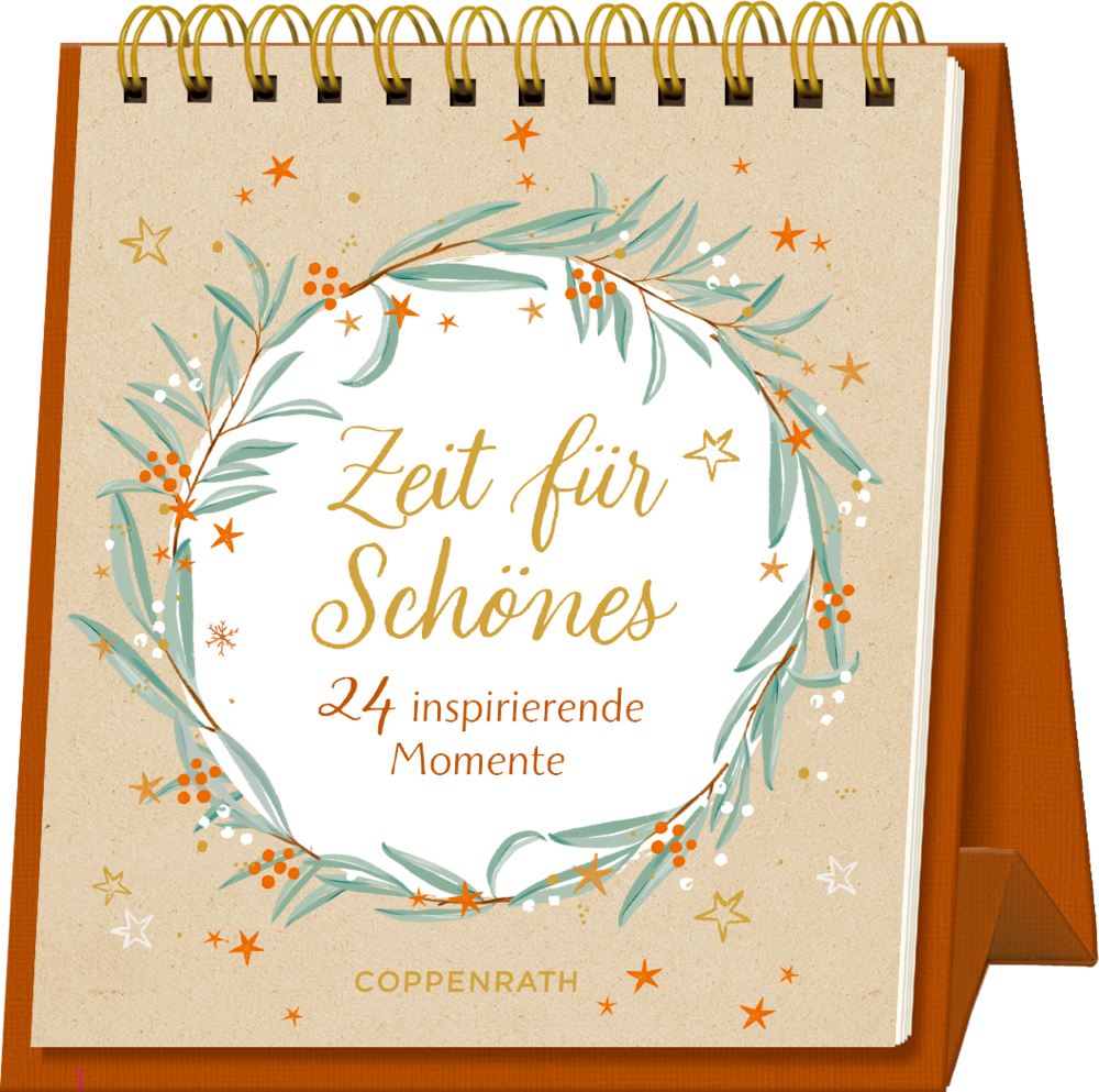 Spiralförmiger Tischkalender "Zeit füe Schönes" mit Blumenkranz-Design und braunem Hintergrund.