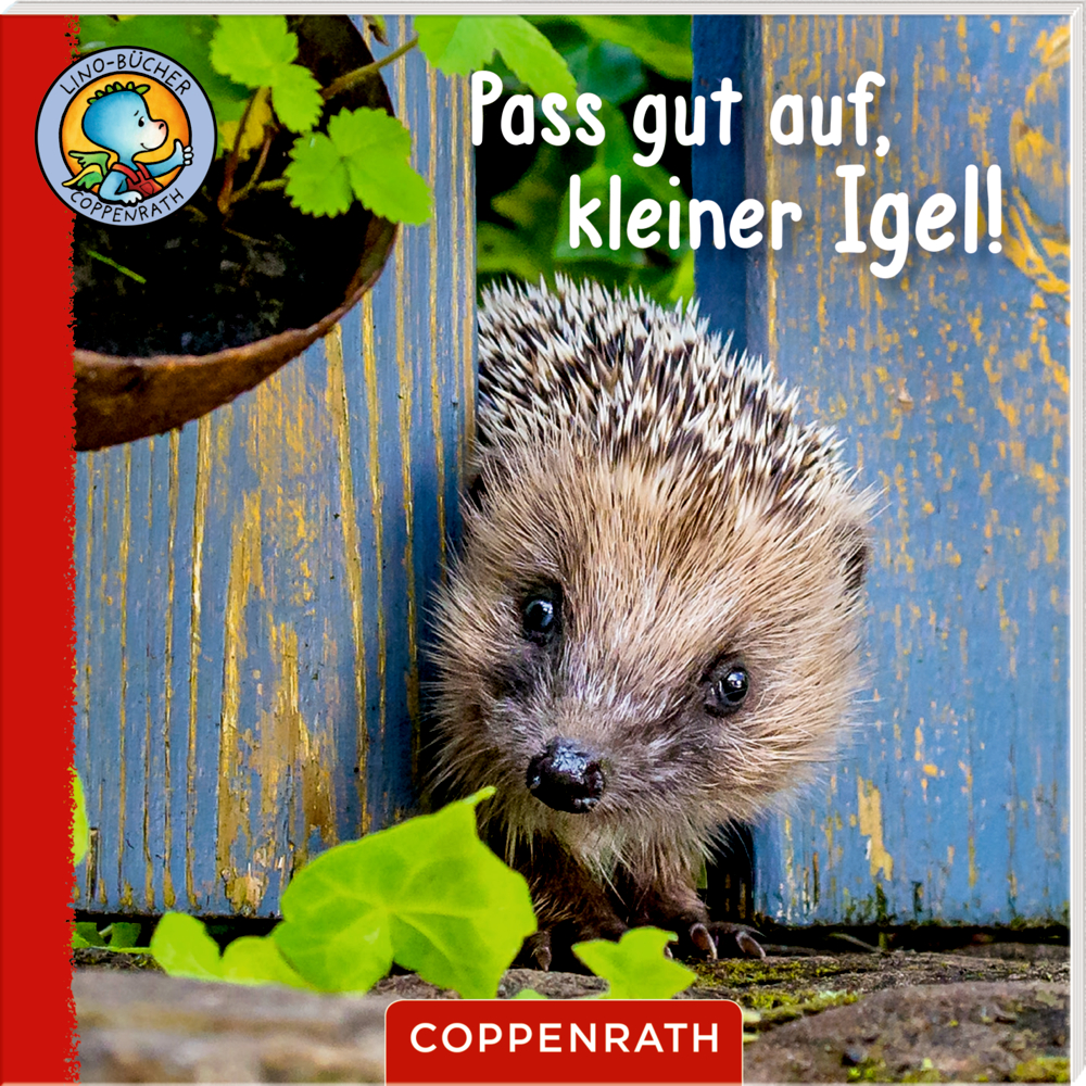 Ein Igel blickt hinter einem blauen Holzzaun hervor, grüne Blätter daneben, Text steht oben.