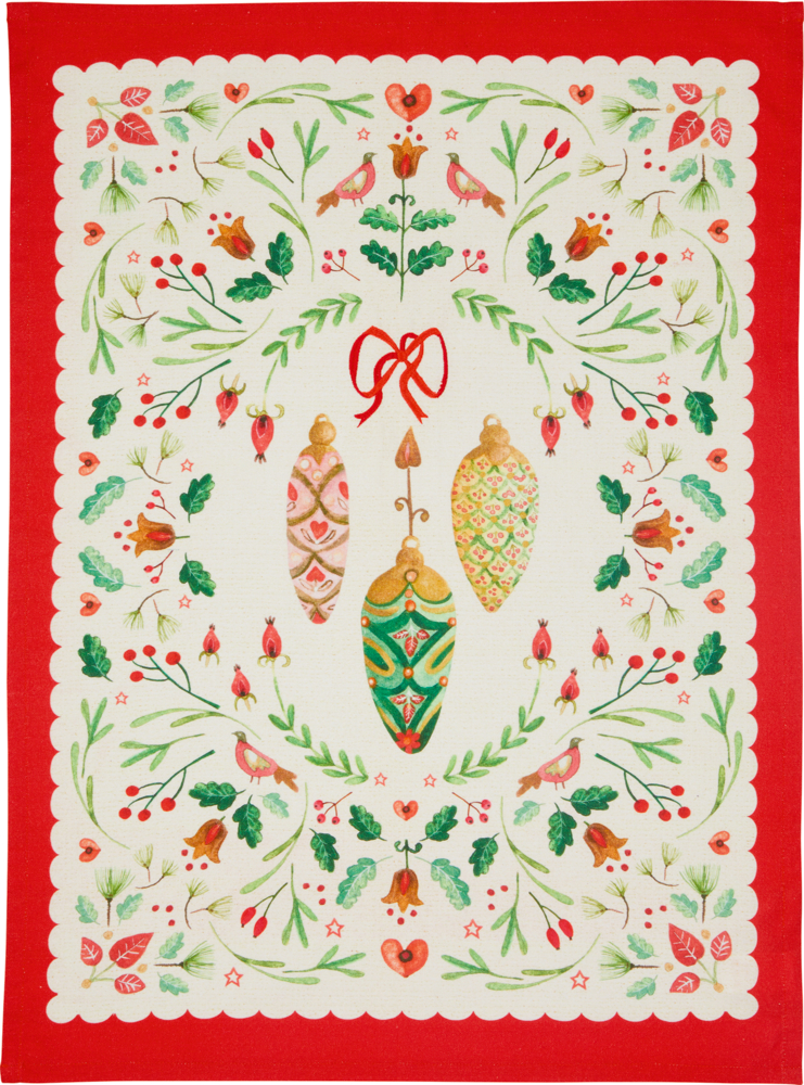 Rotgrünes Weihnachtsdesign mit festlichen Blumen- und Stechpalmenmuster auf einem cremfarbenden Geschirrtuch mit rotem Rand.