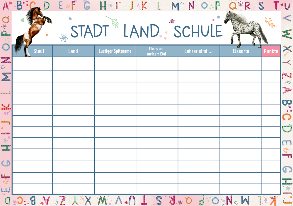 Buntes Spielblatt mit Spalten, Zeilen und Pferdebildern, von Buchstaben umrandet.